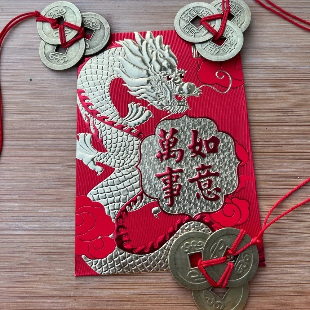 Chinese New Year Red Lucky Money Envelope 3 Feng Shui Coin Set - Picture 5 of 9